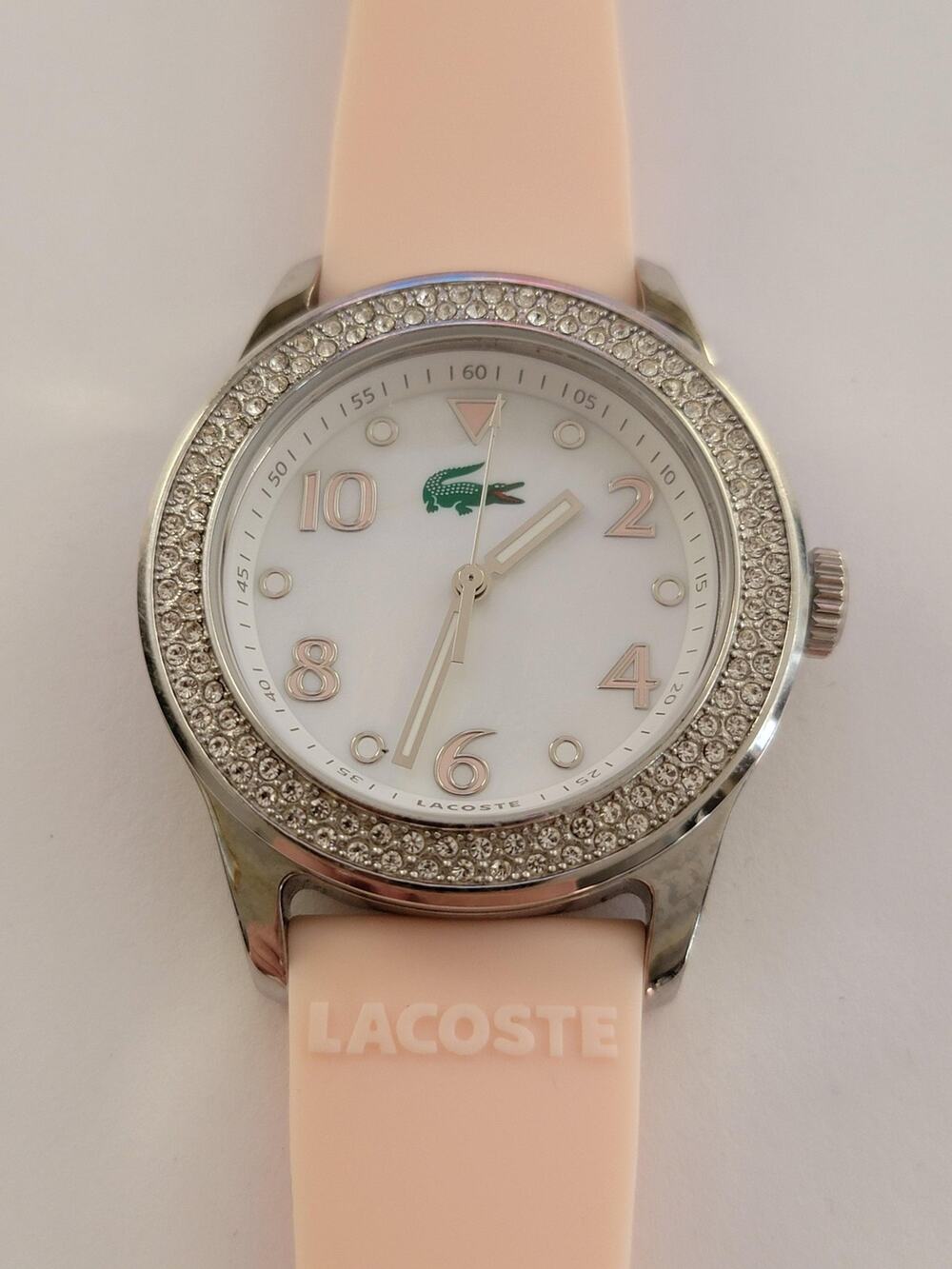 Lacoste Womens Watch White Dial Silver Tone Crystal Bezel Pink Silicone Quartz